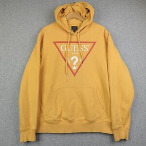 GUESS USA Hoodie Men's Medium Yellow Sweater Logo Casual Comfy Stains